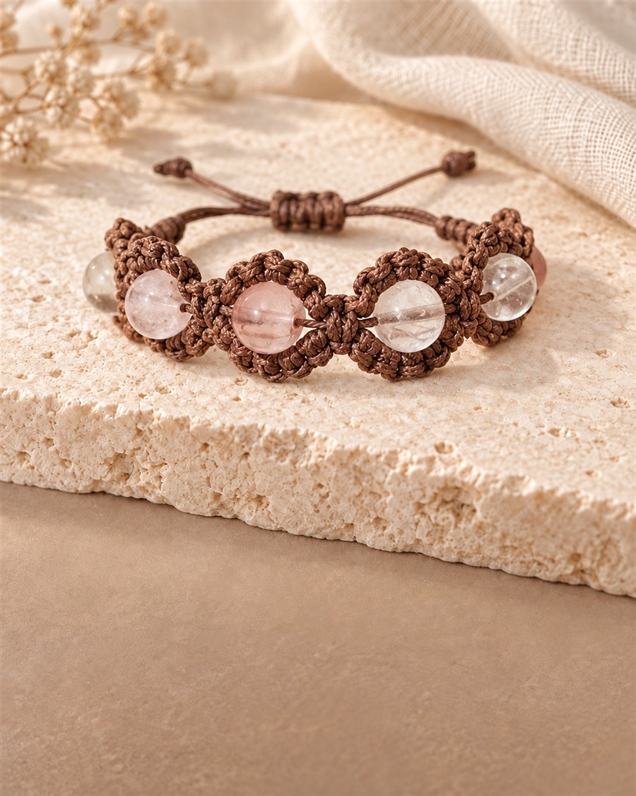 Armband Nr. 5 – Rosé & Flechtkunst auf hellem Naturstein